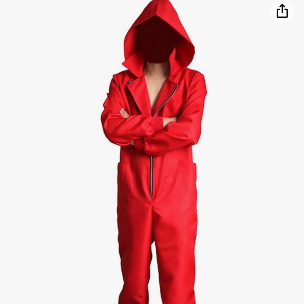 ANGELAICOS RED JUMPSUIT OVERALLS COSTUME - NO DALI MASK - ADULT WOMAN’s SMALL